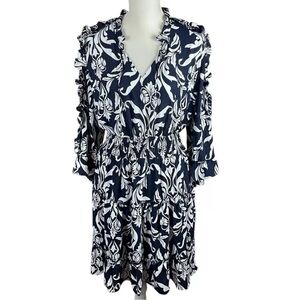 Chicos Scrolls Ruffle Bell Sleeve short classic navy blue Floral Dress women S 6